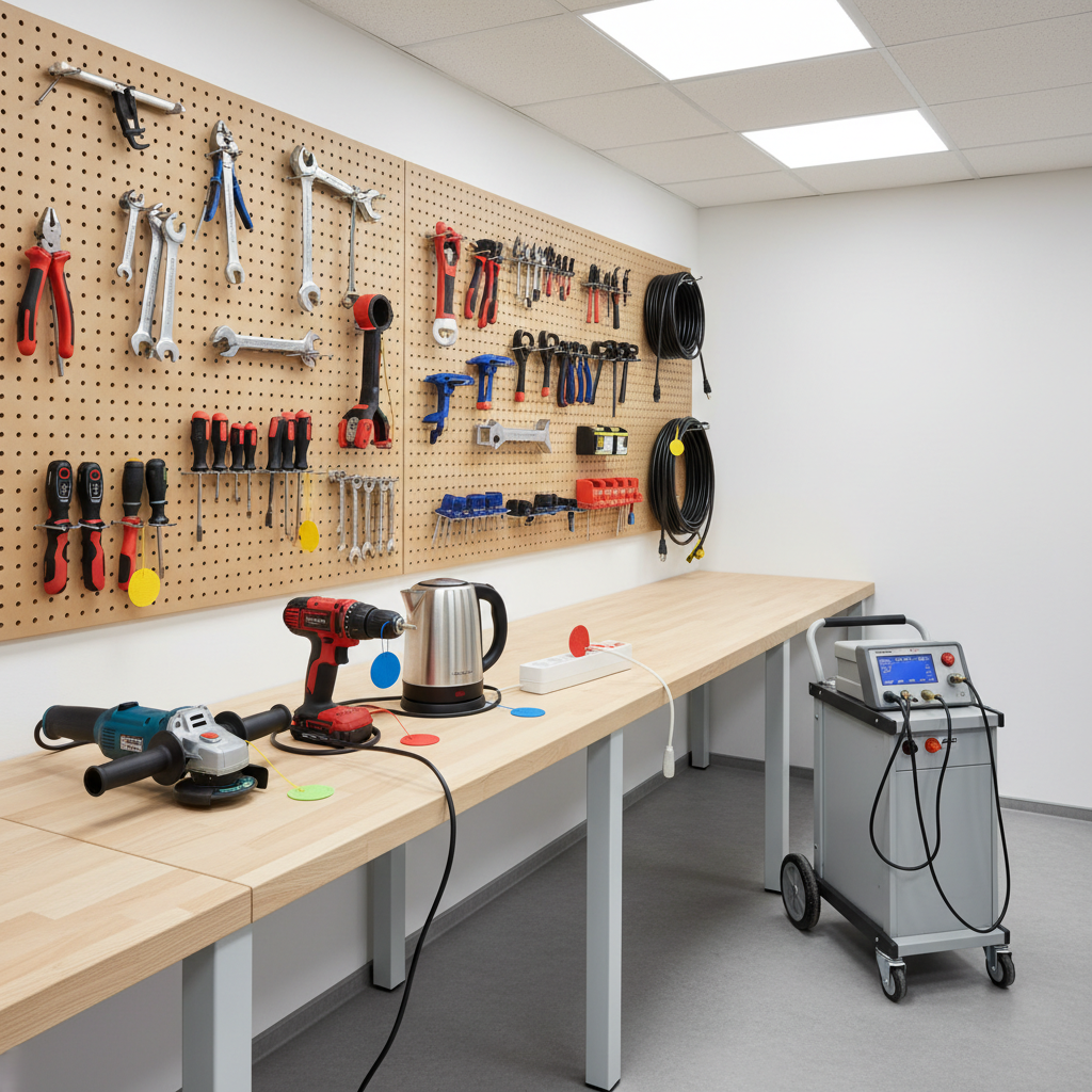 A wide, photographic realism scene of a bright, organized workshop dedicated to DGUV Vorschrift 3 device testing. In the foreground, several everyday electrical devices—an angle grinder, a power drill, a kettle, and a multi-socket extension strip—are neatly laid out on a long, light-colored workbench, each tagged with a small, color-coded marker indicating inspection status. A robust, wheeled DGUV V3 test instrument stands to one side, cables coiled tidily. The back wall features pegboards with clearly arranged tools and cable reels, giving a sense of systematic order. Soft, even overhead LED lighting ensures no harsh shadows, emphasizing clarity and transparency. Captured from a slightly elevated angle with sharp focus throughout, the composition feels structured, clean, and highly competent, visually explaining the variety of device types inspected.