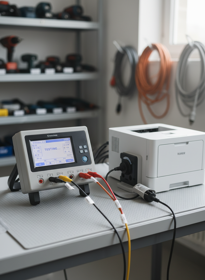 A close-up, photographic realism shot of a neatly arranged test bench for DGUV V3 electrical device inspections. In the center, a modern portable electrical safety tester with a bright digital display is connected via labeled cables to a compact office appliance with a clearly visible grounded plug. The devices rest on a clean, light-grey technical worktable with structured rubber matting. In the softly lit background, shelves hold orderly rows of different portable tools and extension cords, subtly suggesting a wide range of devices tested. Neutral, diffused daylight from a side window creates gentle reflections on plastic casings and metal contacts, highlighting cleanliness and precision. Shot at eye level with a shallow depth of field, the mood is highly professional, trustworthy, and methodical, ideal as a hero image for a DGUV V3 inspection service website.