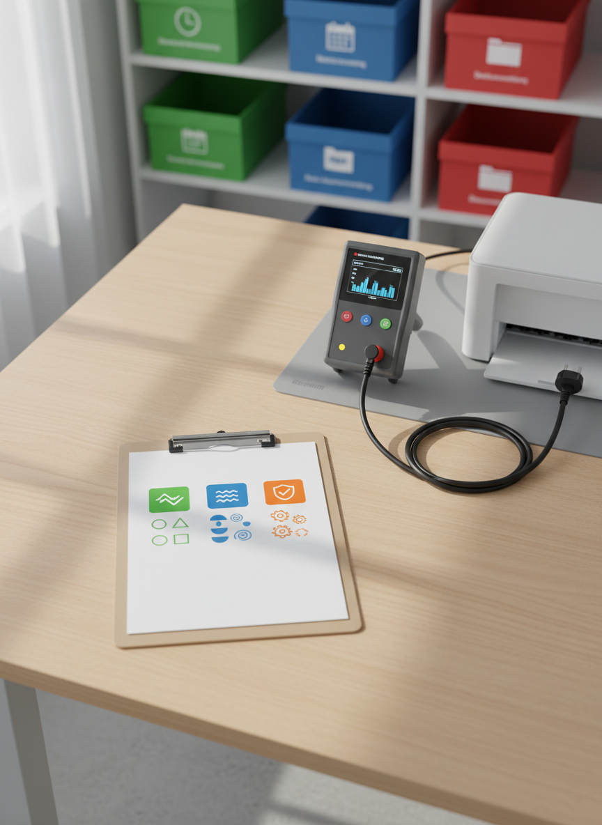 A realistic, photographic overview of an inspection protocol area showcasing DGUV V3 requirements in visual form. On a light wooden desk lies an open clipboard with a detailed, text-free checklist represented by clean geometric icons for earthing, insulation, and functional tests. Beside it, an electrical measuring device with illuminated indicators is connected to a compact office printer via a sturdy power cord. In the background, blurred shelves hold neatly stacked, color-coded storage boxes symbolizing completed inspections, next appointments, and documentation. Soft, natural daylight flows in from the left, casting gentle shadows and giving the scene a calm, orderly feel. Shot from a top-down, bird’s-eye perspective with balanced composition, the atmosphere communicates structure, compliance, and reliability in DGUV V3 inspections without showing any people or readable text.